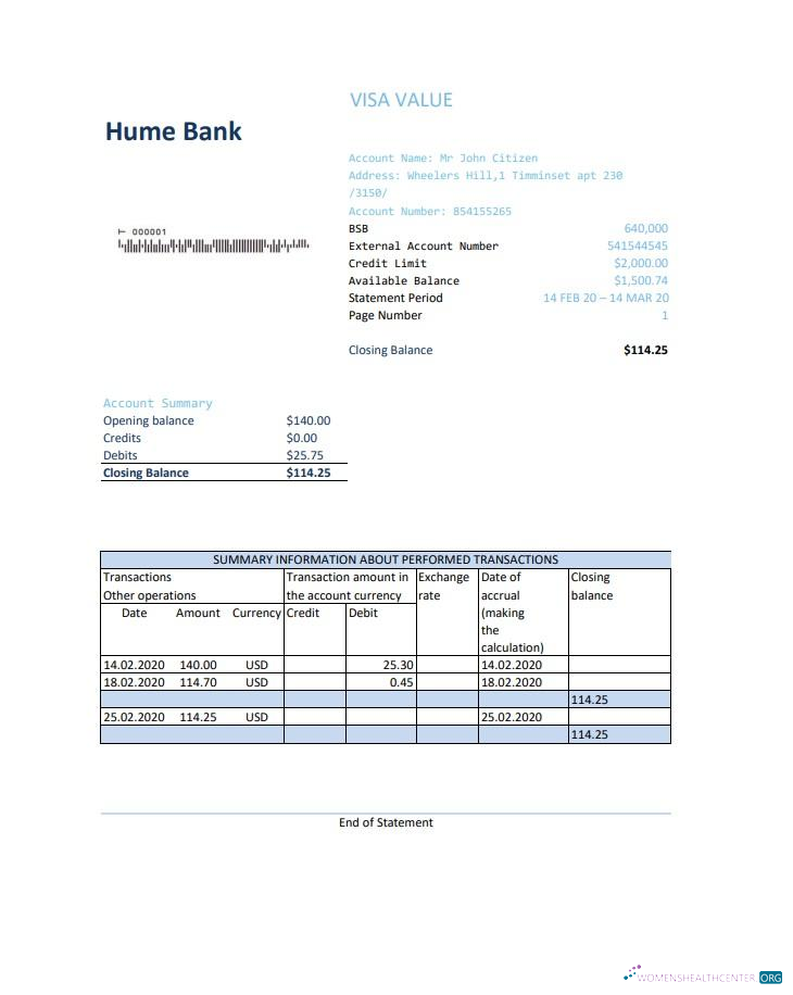 Download Australia Humebank bank statement excel Photoshop template
